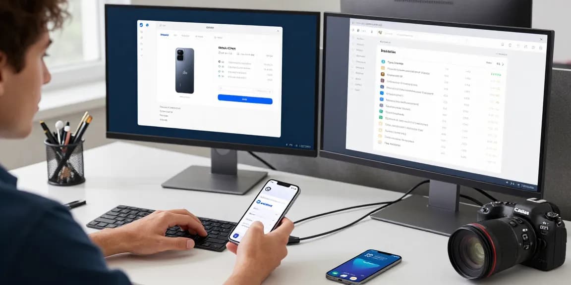 使用爱思助手连接iPhone的现代办公场景，展示设备管理与文件传输。