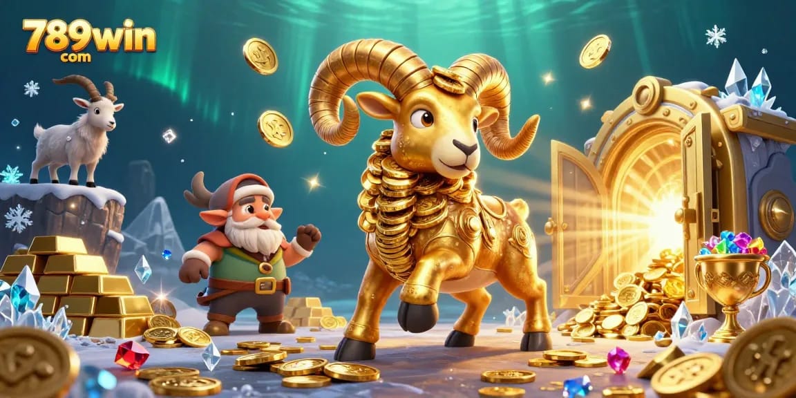 Experience thrilling wins at 789win com with golden ram and treasures in a vibrant casino scene.