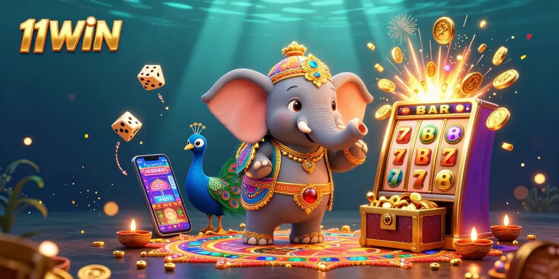 Engage with 11WIN's thrilling gaming experience illustrated with a vibrant casino-themed scene.