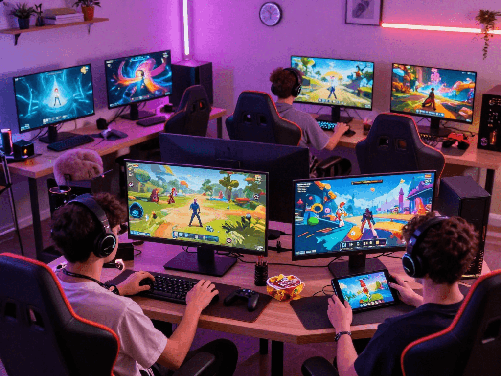 Players enjoying immersive sex games on modern devices in a vibrant gaming setup.