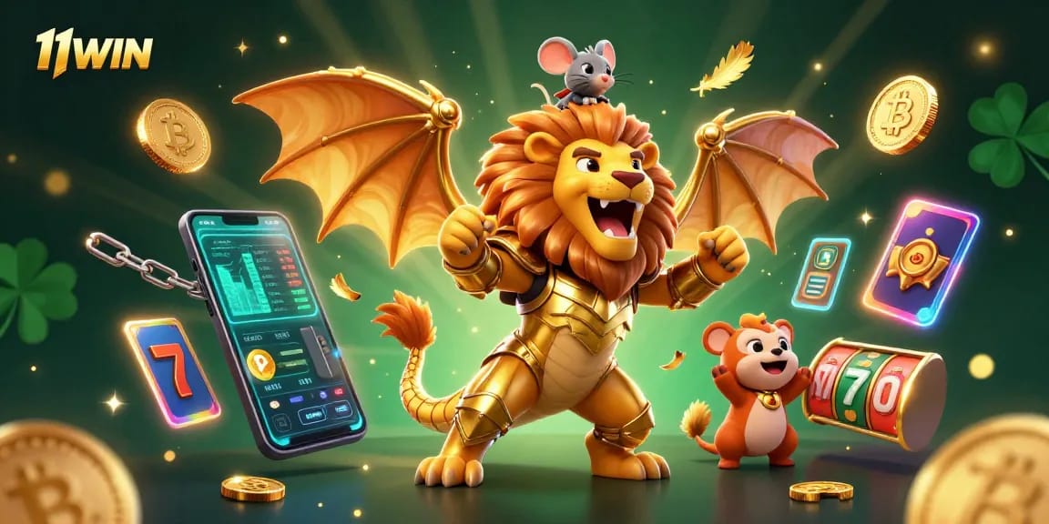 Engage with the exciting 11WIN casino experience featuring vibrant characters and crypto elements.