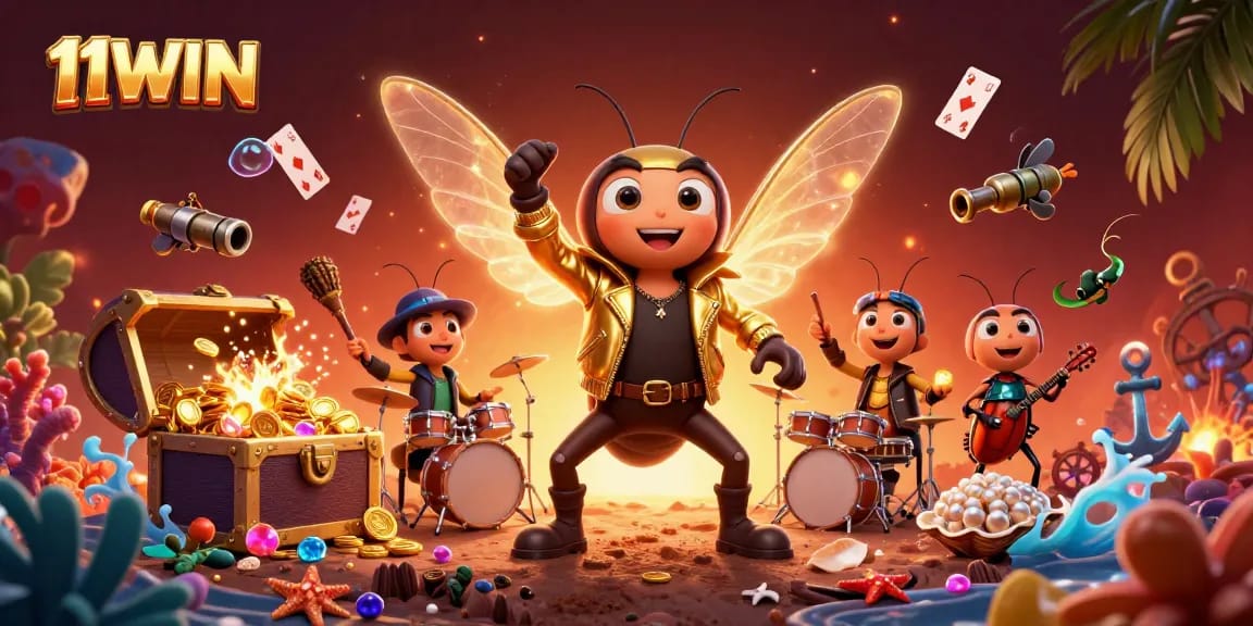 11WIN showcases a vibrant casino scene featuring a cicada rock star amidst gold coins and card games.