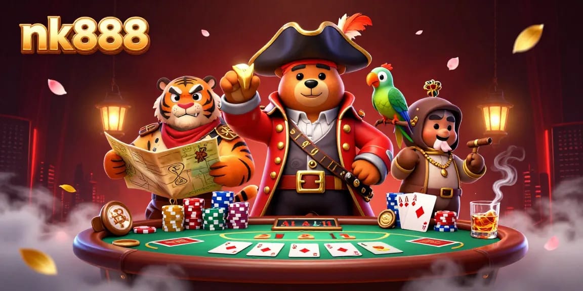 Engage with nk888's vibrant casino scene featuring characters and poker elements in action.