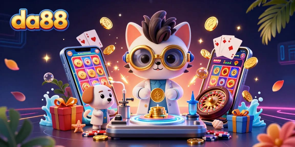 Experience the excitement of da88 slots with a vibrant 3D illustration of a mad scientist cat amidst flying coins and gaming elements.