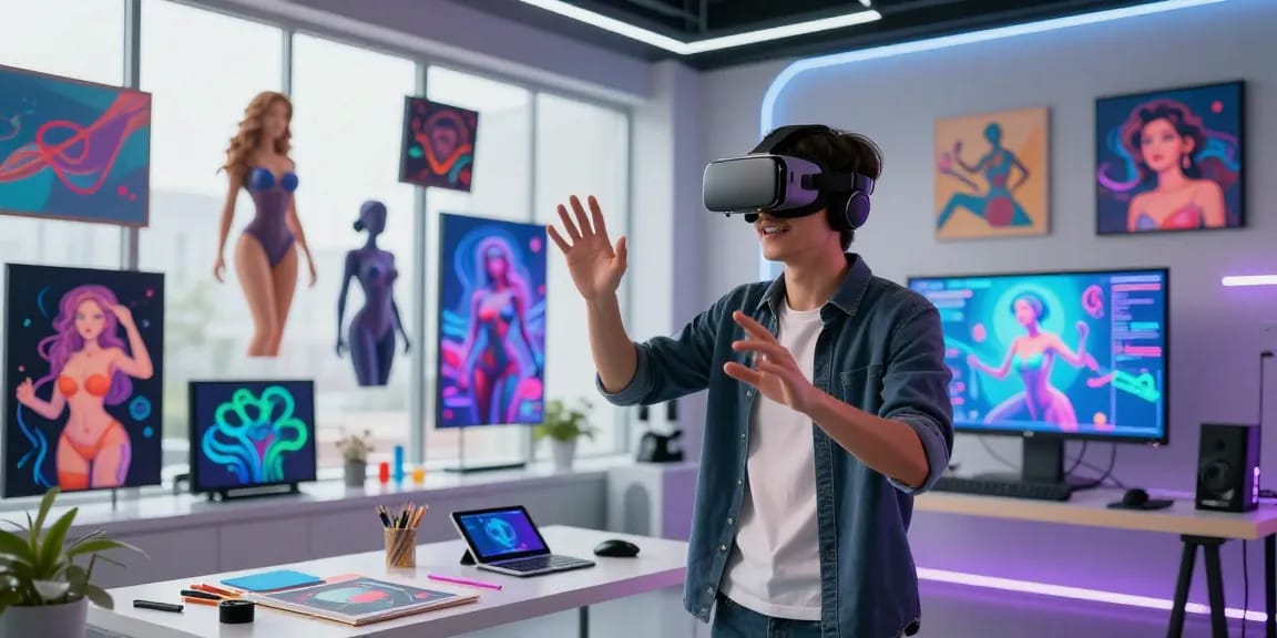 AI nsfw immersive virtual reality scene showcasing colorful artwork and a user engaged in creative exploration.