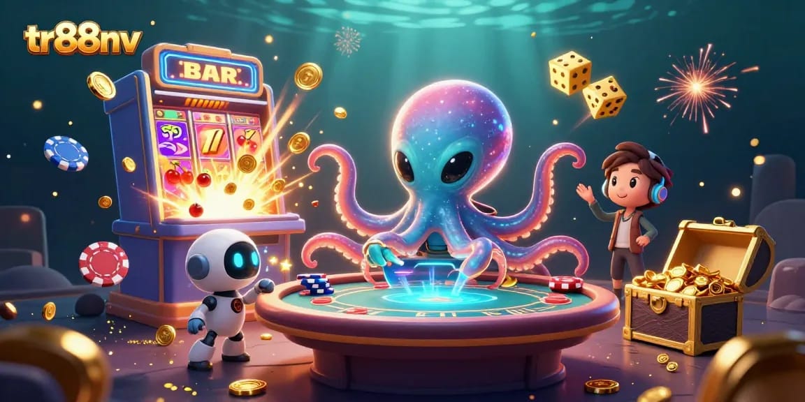 Experience exciting gameplay at tr88nv with a 3D cartoon octopus and vibrant casino elements.