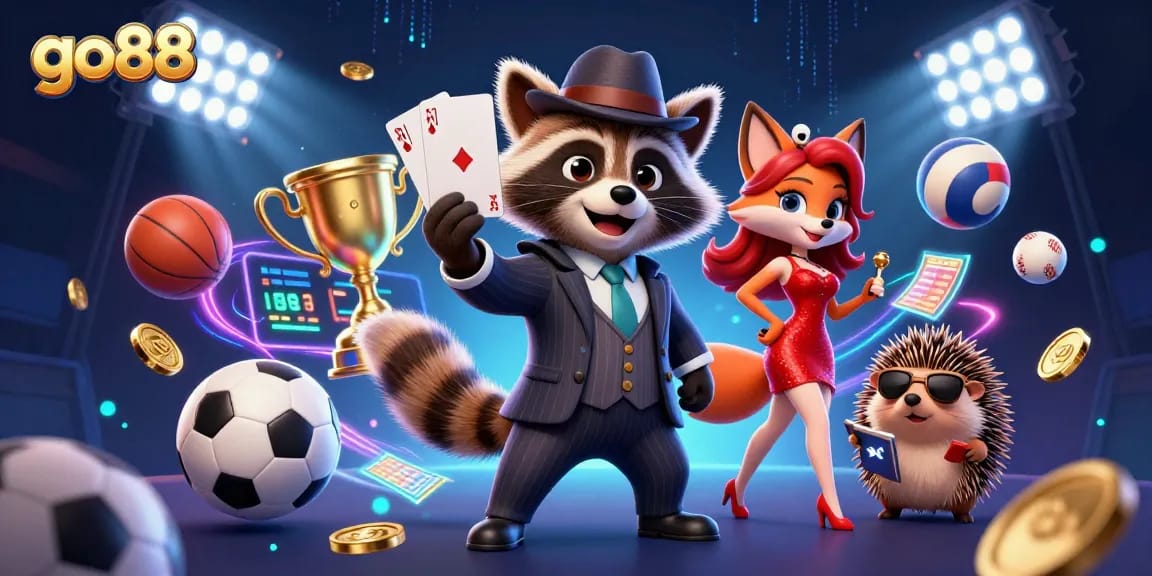 Experience go88's vibrant gaming atmosphere with raccoon, fox, and hedgehog in 3D style.