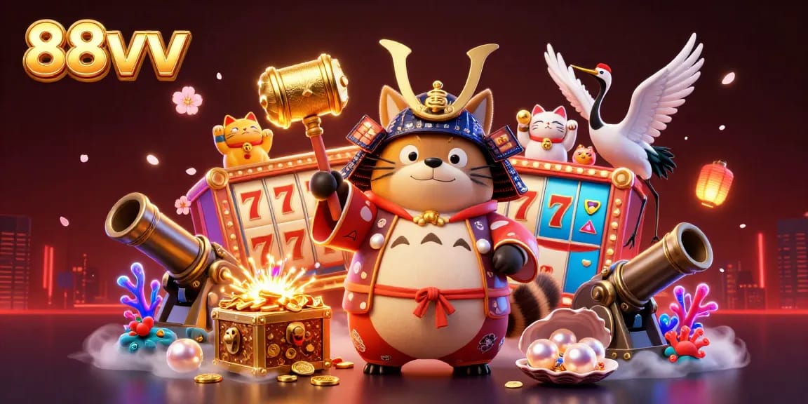 Play slots and experience jackpot thrills with 88vv in this vibrant 3D casino illustration.