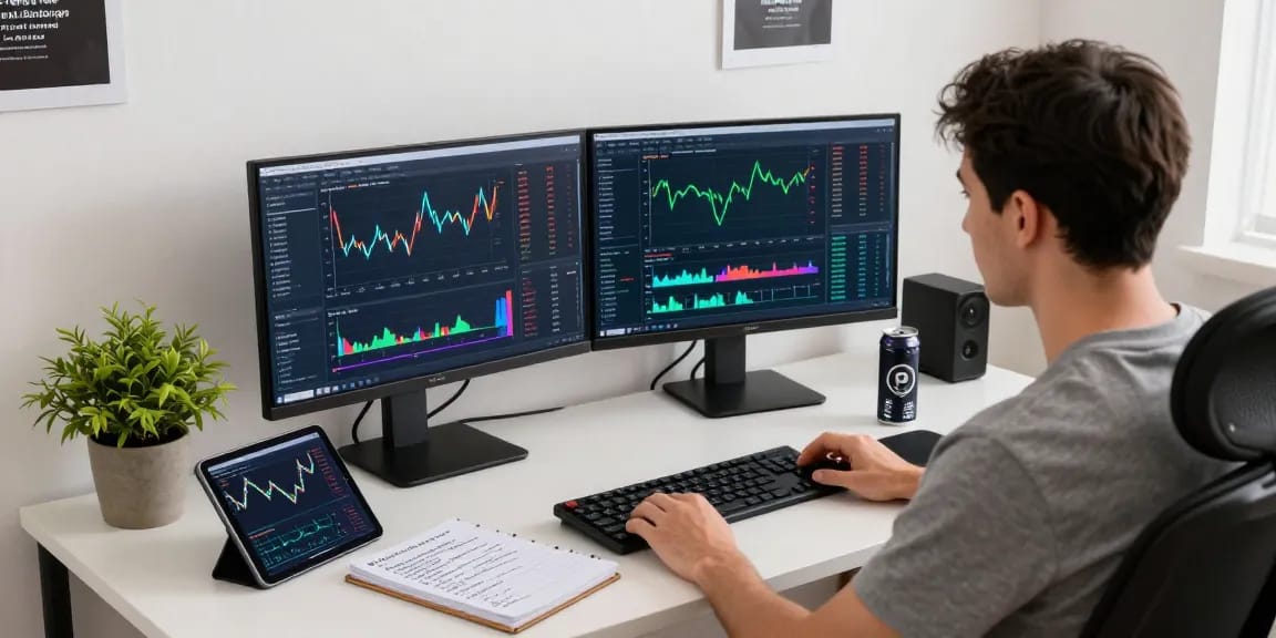 Crypto trader using bungeeexchange interface in a modern home office, focused on cross-chain transactions and market analysis.