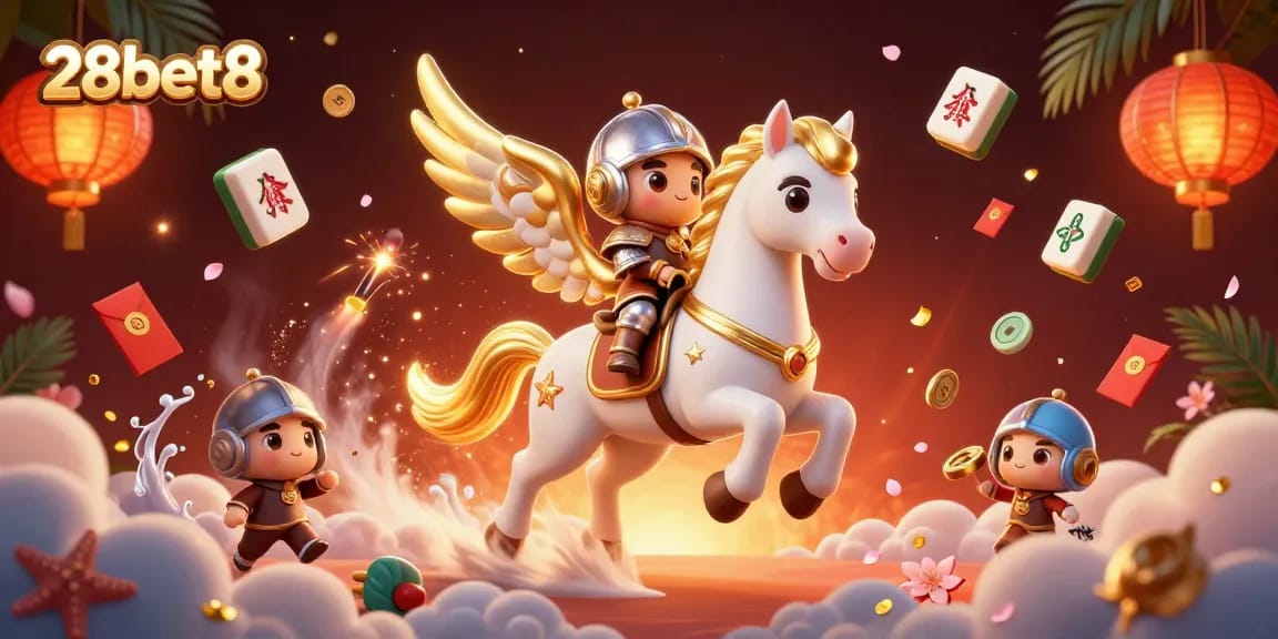 Experience thrilling moments at 28bet8 with the celestial horse and lucky symbols in a vibrant casino scene.