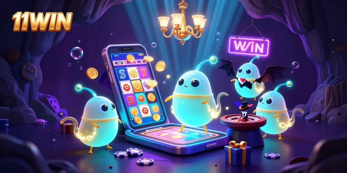 Experience 11WIN's thrilling cave casino scene with glowworms illuminating games and vibrant action.