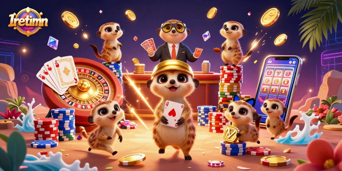 Iretimn's meerkat casino features card dealers, chip towers, and vibrant game elements for an exciting gaming scene.