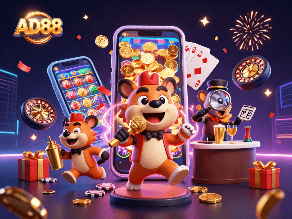 AD88 hyenas bring laughter and gaming excitement in a vibrant 3D casino scene.