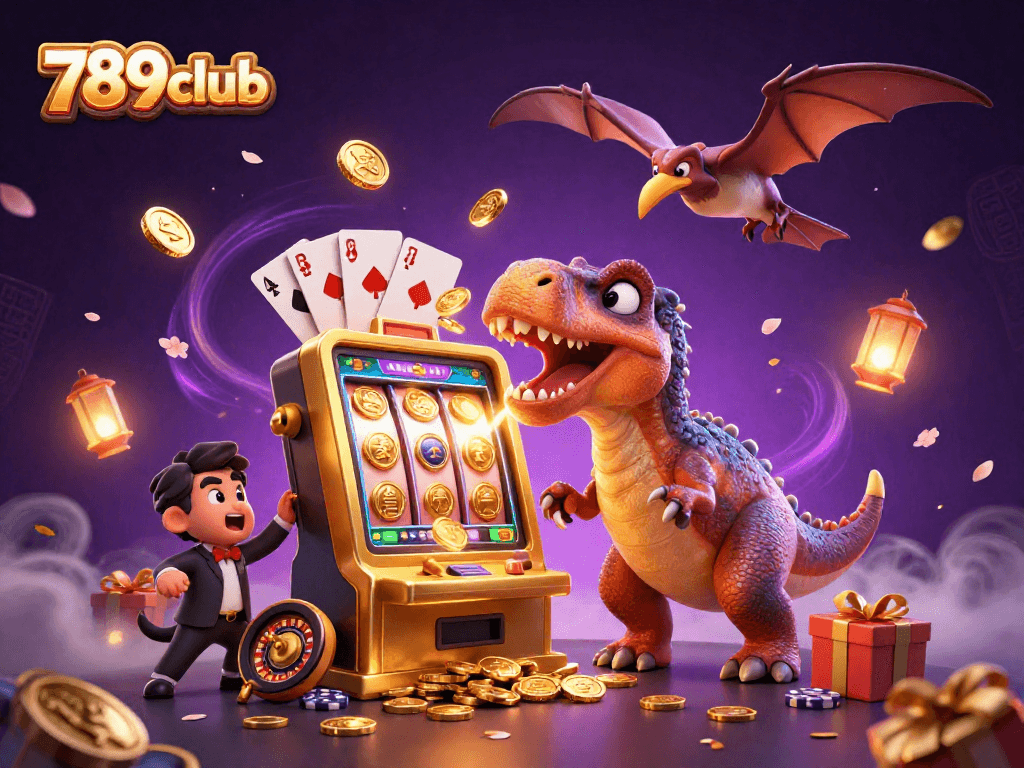 Engage with 789club in an exciting casino scene featuring a dinosaur headbutting a jackpot slot machine.