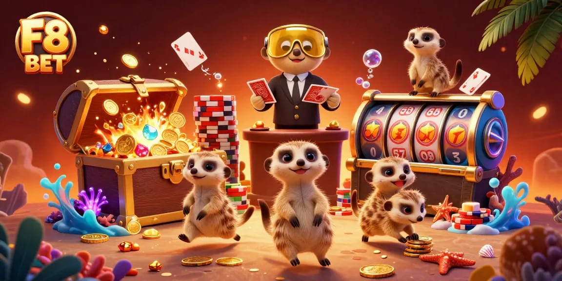 Experience thrilling gameplay at F8 BET with meerkats running a vibrant casino surrounded by action and excitement.