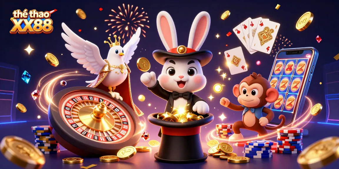 Engage in thể thao XX88 with a vibrant scene of a magician rabbit, a dove, and a monkey amidst gold coins and gaming elements.