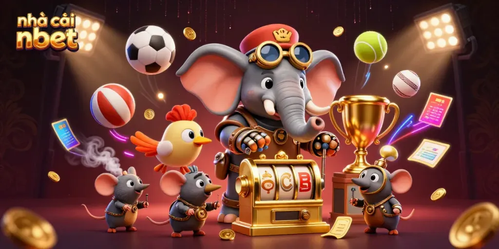 Engage with the nhà cái nbet illustrated scene featuring steampunk characters, dynamic sports elements, and vibrant casino atmosphere.
