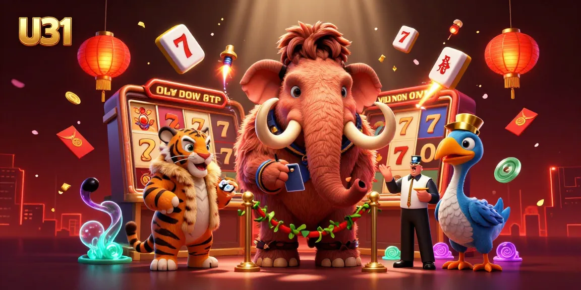 U31 invites players with joyous casino moments as a mammoth bouncer checks IDs while a tiger VIP guest enters.