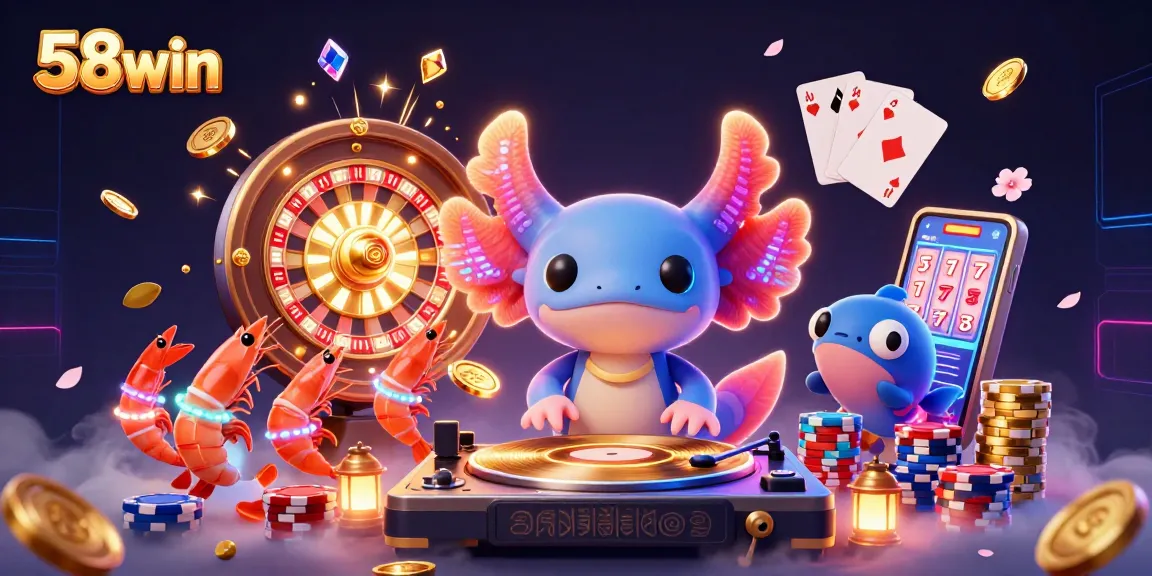 Join 58win's vibrant gaming scene featuring colorful characters and dynamic casino elements.