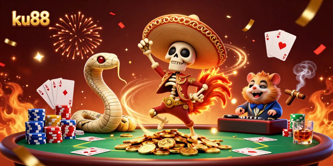 Experience the excitement of ku88 with a vibrant casino scene featuring a dancing mariachi rooster.