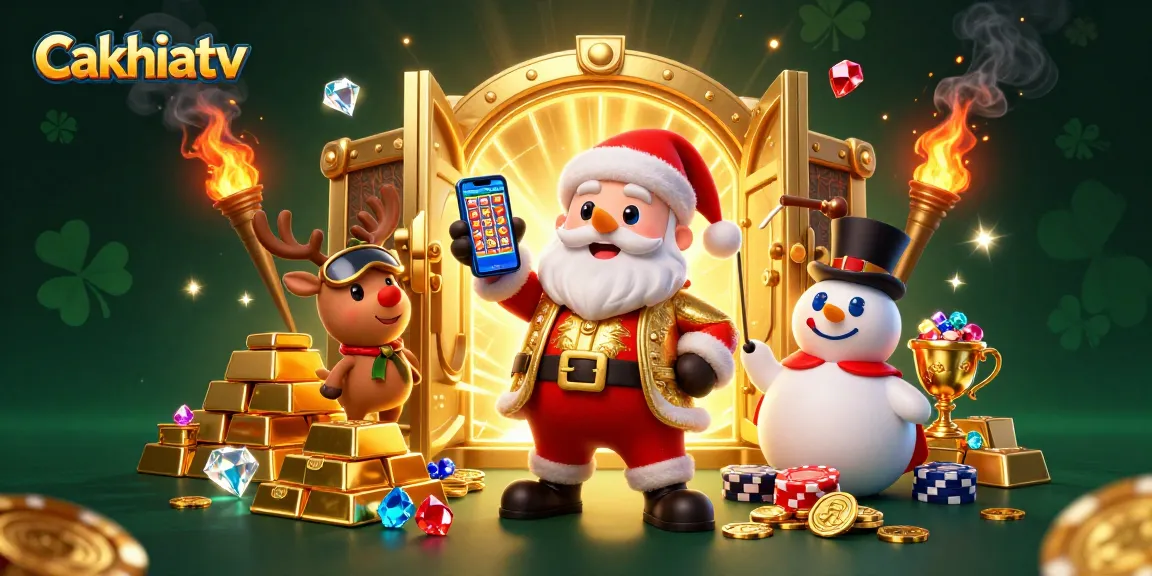 Cakhiatv evokes excitement with a vibrant casino scene featuring Santa, a reindeer dealer, and a poker chip snowman.