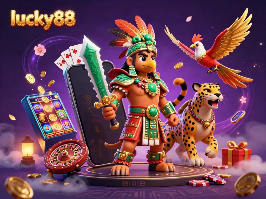 Spin and win with lucky88 in a vibrant 3D casino scene featuring Aztec warriors and slot games.