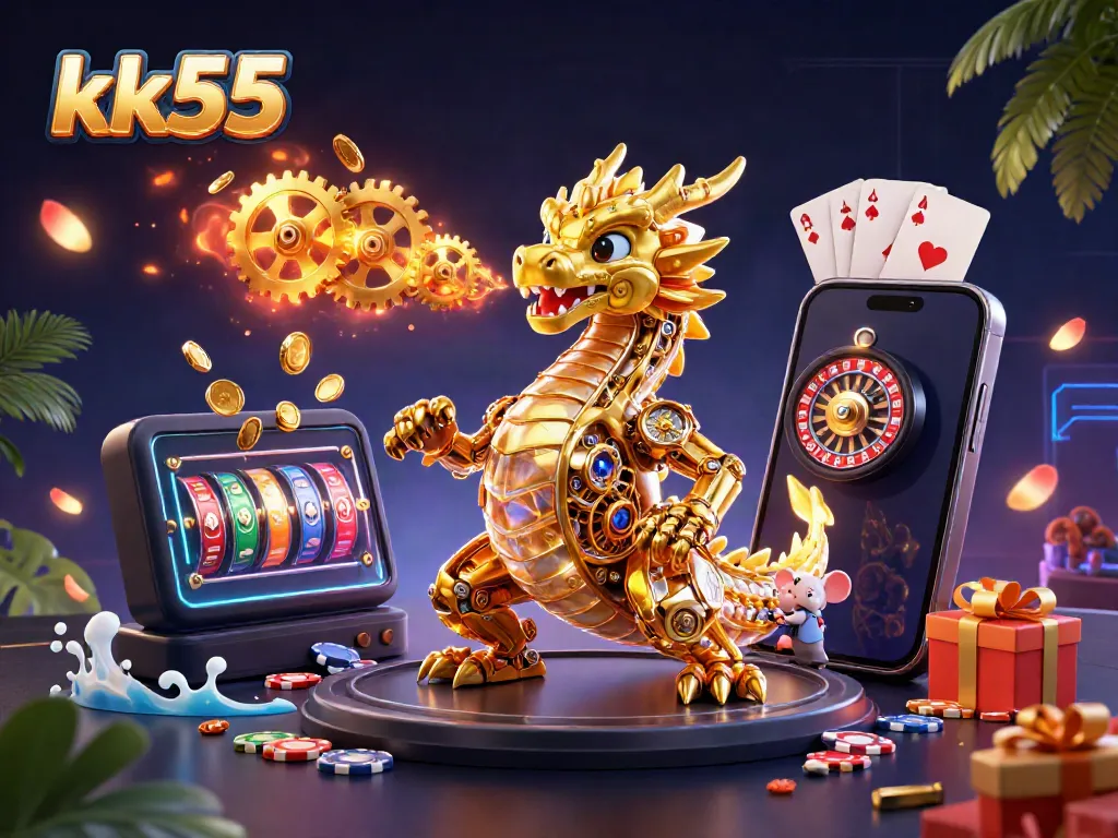 Experience thrilling adventures at kk55 with an ultra-detailed illustration of a biomechanical dragon and gaming elements.