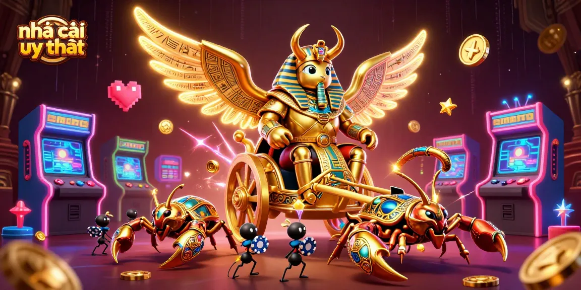 Engage with nhà cái uy tín in an exciting casino scene featuring a golden scarab beetle and scorpions.