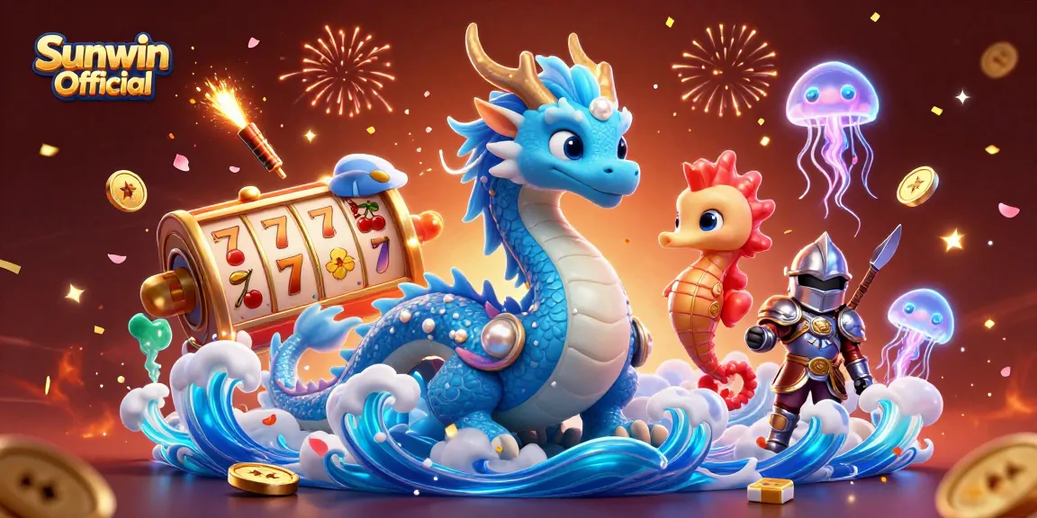 Experience thrilling wins with Sunwin Official in a vibrant 3D casino scene full of enchanting characters.