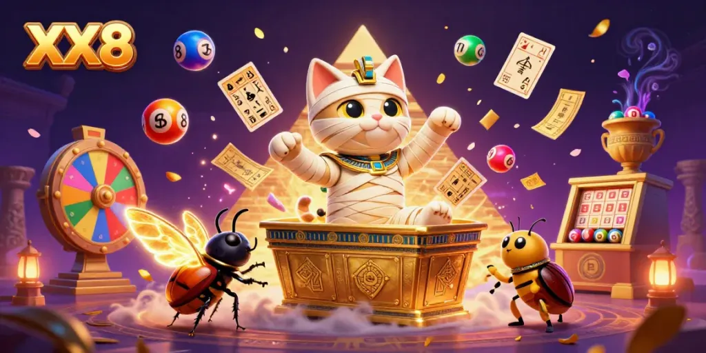 Experience thrilling casino fun with XX8 as a mummy cat bursts from a golden sarcophagus.