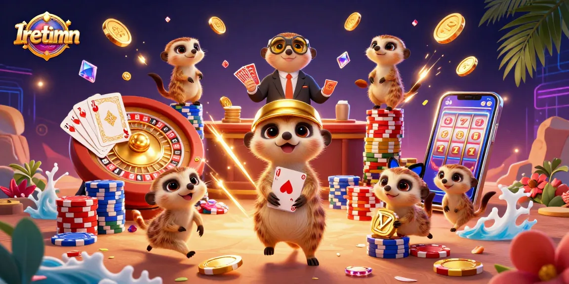 Iretimn's meerkat casino features card dealers, chip towers, and vibrant game elements for an exciting gaming scene.