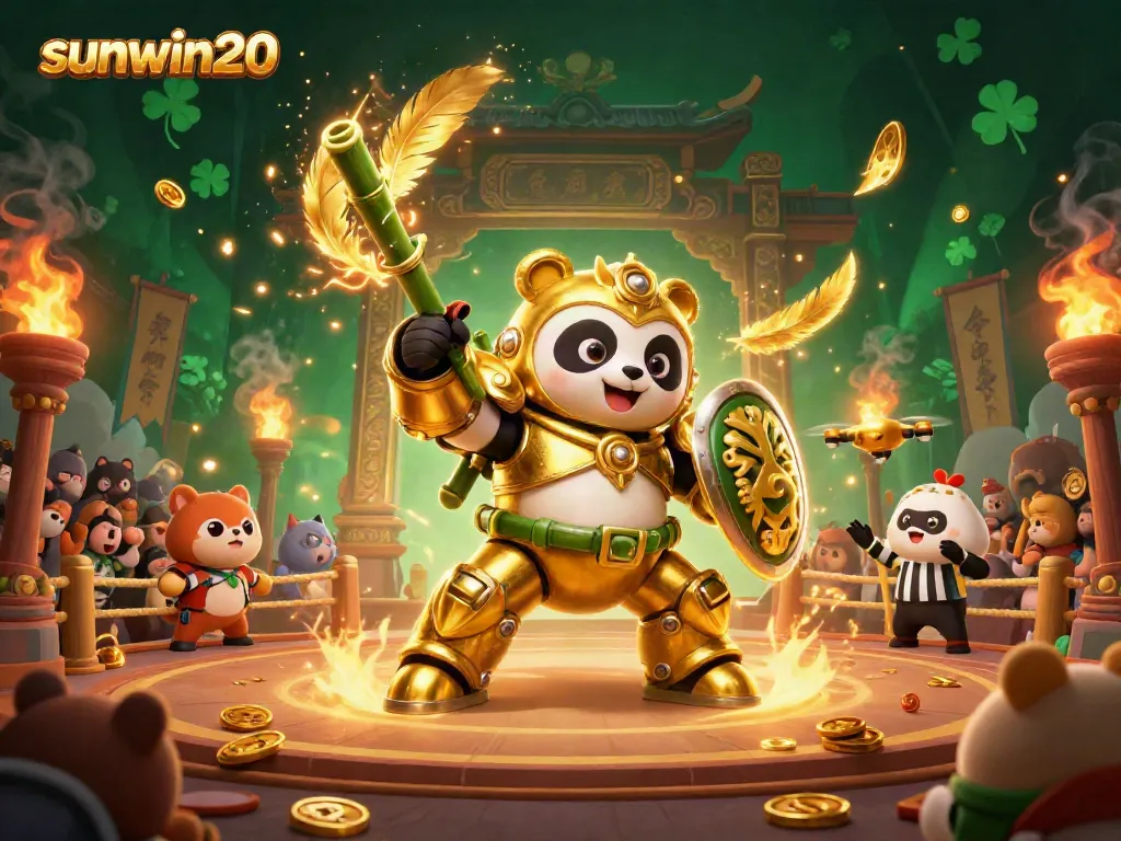 Experience thrilling gaming adventures with sunwin20, depicted by a mech-suit panda and vibrant arena.