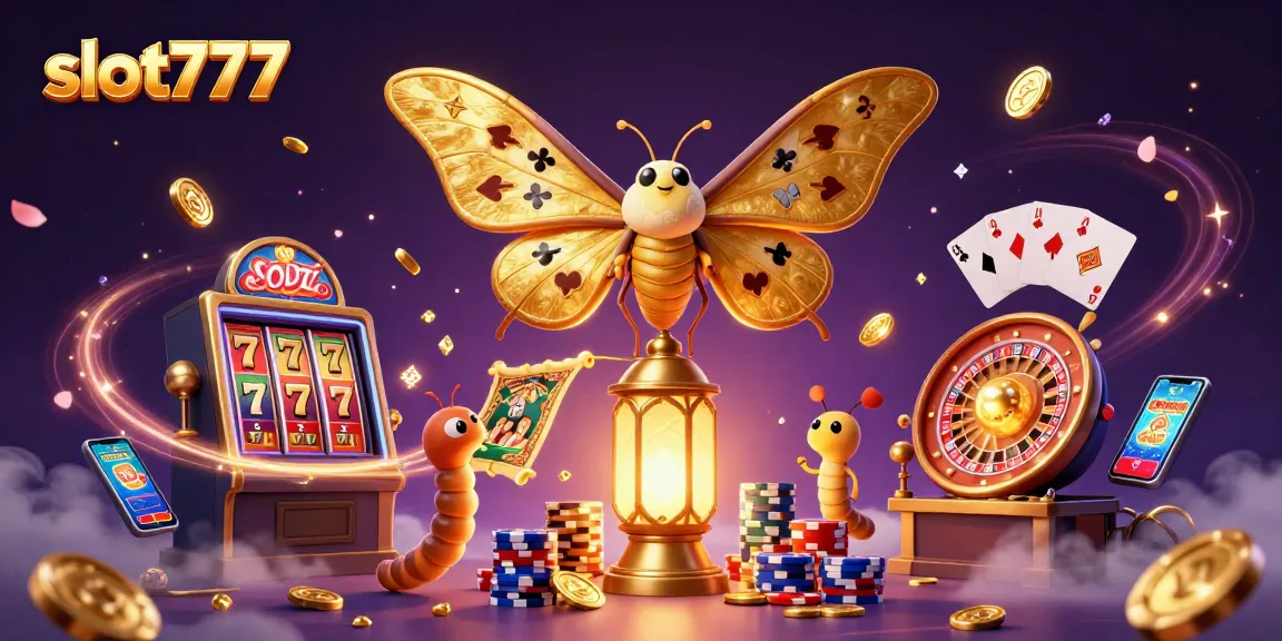 Experience slot777 action with dazzling coins, vibrant gaming symbols, and a majestic moth in a captivating scene.