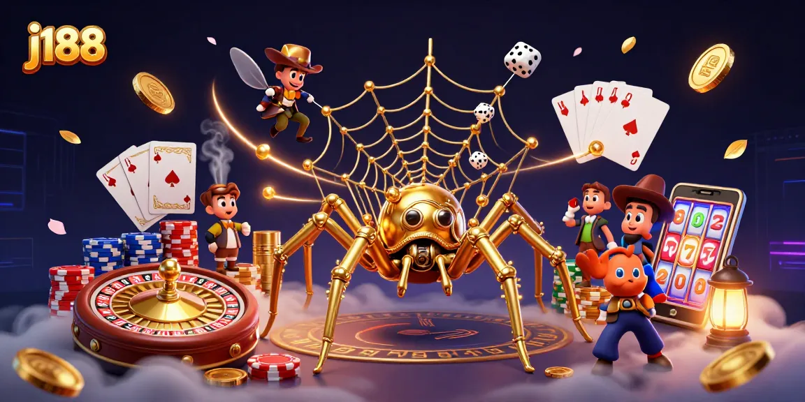 Experience vibrant j188 action with golden spider and gentleman amid cascading slots and cards.