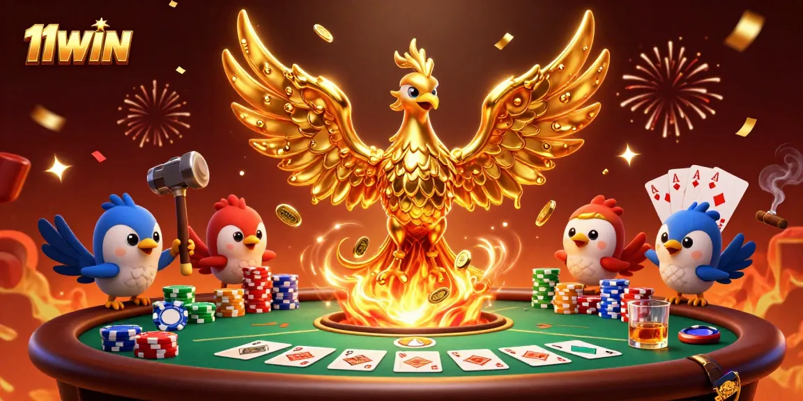 Engage with the excitement of 11WIN as a golden phoenix emerges with coins and poker elements.