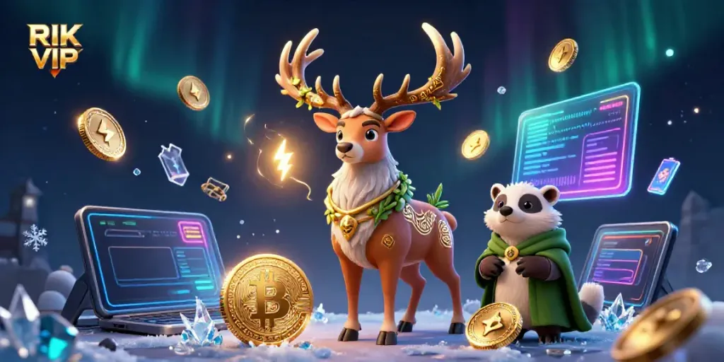 Spin to win with RIK VIP in a vibrant, bustling casino scene featuring animated characters and cryptographic elements.