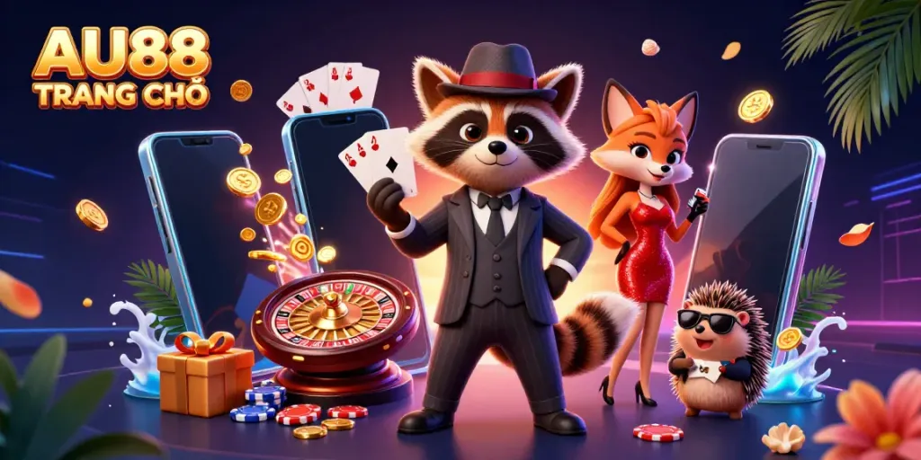 Engage with the vibrant AU88 TRANG CHỦ casino scene featuring animated characters, slot games, and colorful elements.