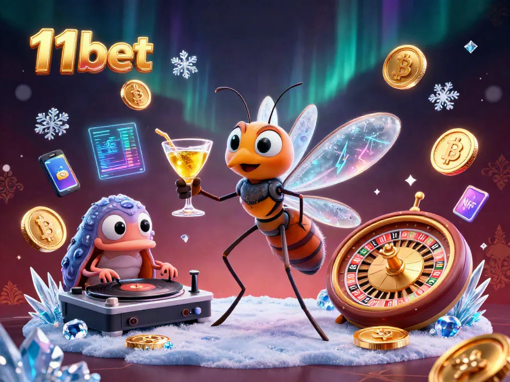 Experience thrilling gameplay with 11bet's vibrant casino scene showcasing unique characters and crypto elements.