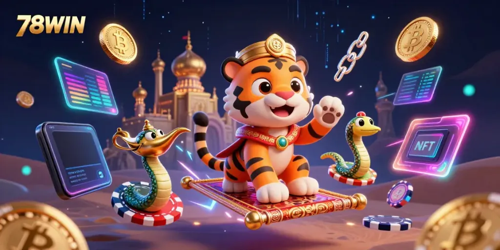 Play exciting games at 78WIN with a dynamic scene featuring casino elements and classic Arabian themes.