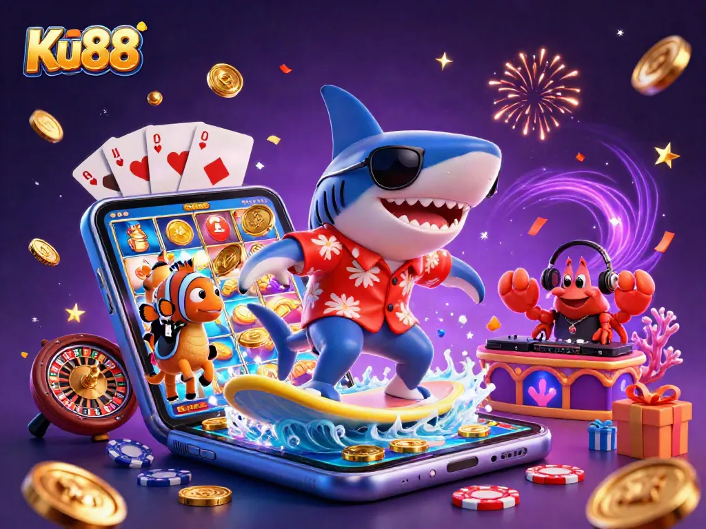 Experience thrilling action with Ku88's vibrant casino elements showcased in a lively 3D illustration.