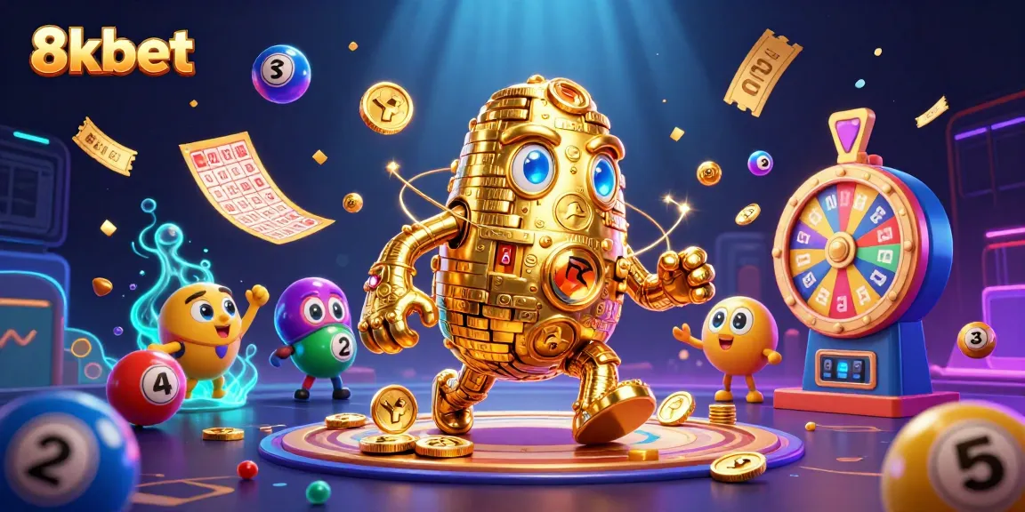 Experience thrilling gameplay with 8xbet featuring a dynamic golden golem surrounded by colorful lottery elements.