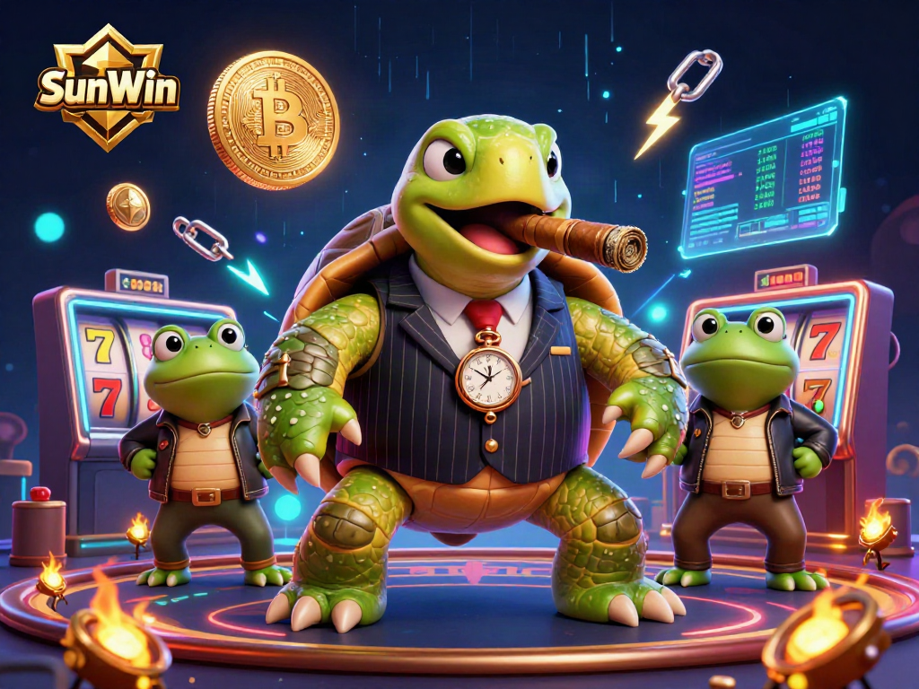 Join the SunWin gaming experience, featuring a lively casino scene with animated characters and slot reels.