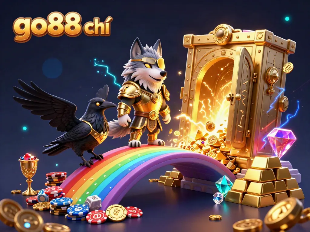 Engage with go88 chí through this vibrant 3D casino scene featuring Odin, ravens, and gold treasures.