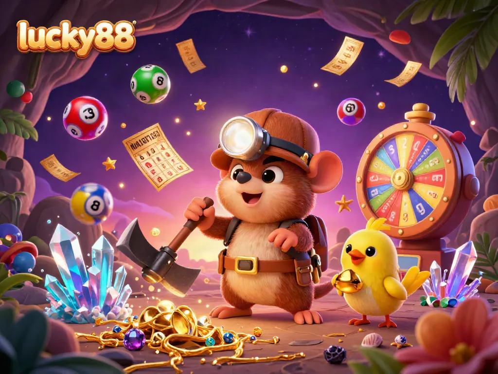 Join the fun at lucky88 with a vibrant scene of a treasure hunter mole and dynamic gaming elements.