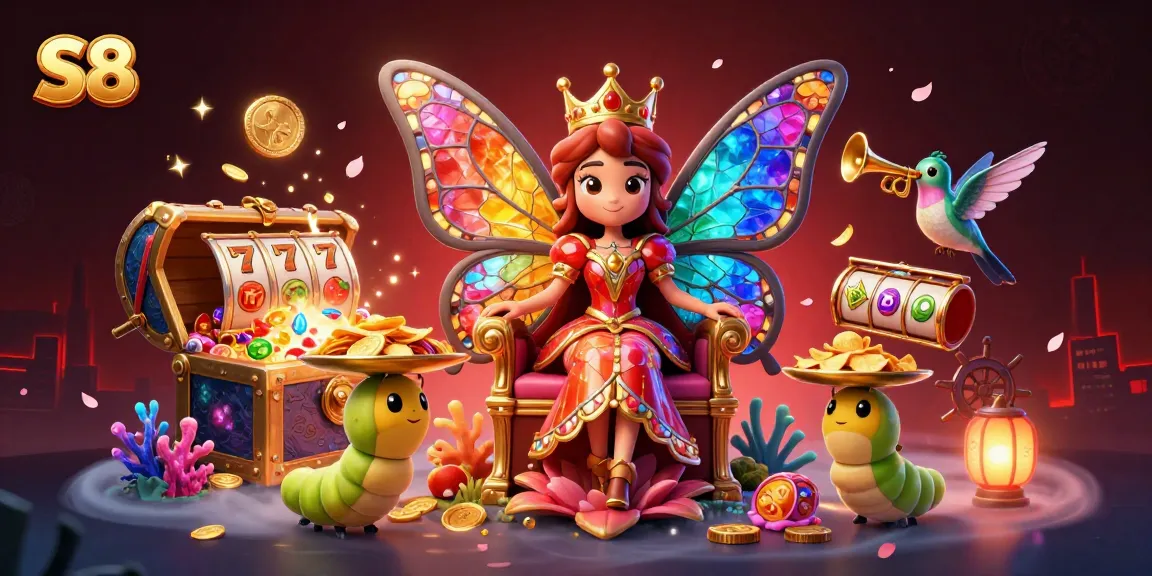 S8 presents a vibrant casino fantasy scene featuring a butterfly queen, golden chips, and floating slot reels amidst a dazzling treasure hunt.