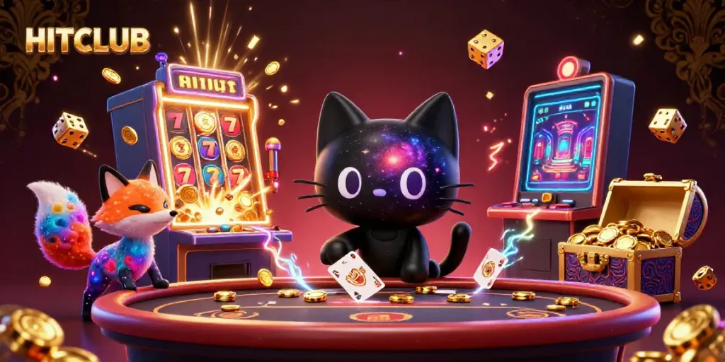 Experience HITCLUB’s cosmic casino magic with a mystical black hole cat and fox, surrounded by dynamic gaming elements.