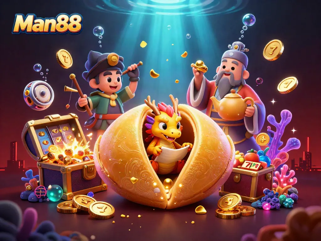 Experience thrilling gaming with Man88's vibrant casino scene featuring a golden fortune cookie and dynamic game elements.