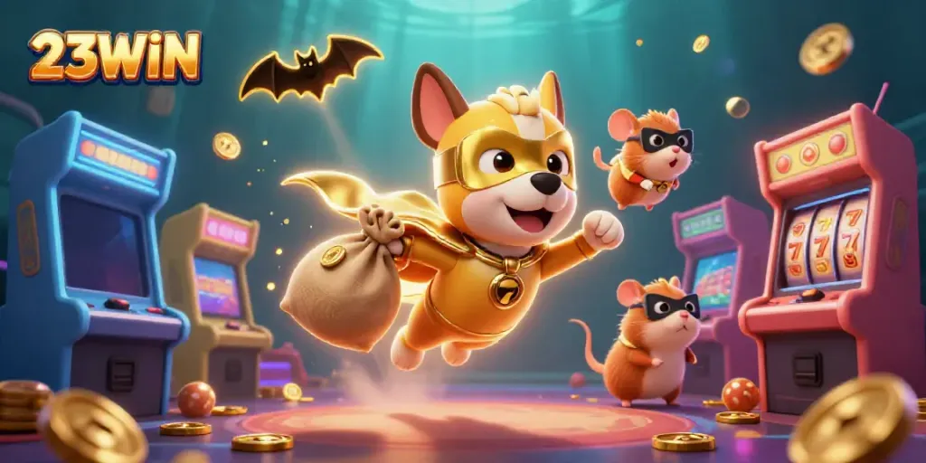 Witness the excitement of 23WIN with a superhero dog and hamster in a vibrant casino setting.