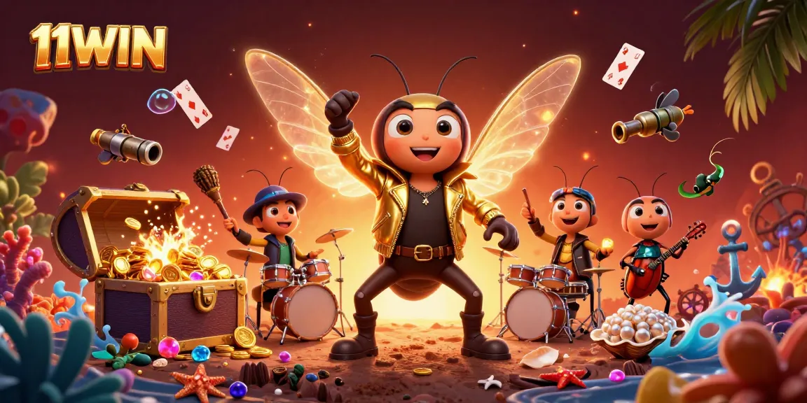 11WIN showcases a vibrant casino scene featuring a cicada rock star amidst gold coins and card games.