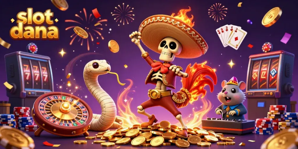 Experience thrilling gameplay with slot dana as festive characters celebrate on golden coins.